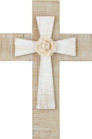 886083897740 Wooden Wall Cross With Burlap Flower