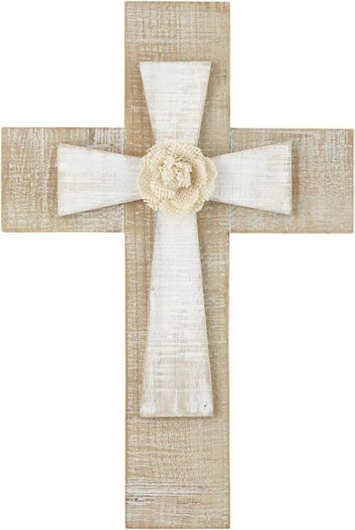 886083897740 Wooden Wall Cross With Burlap Flower