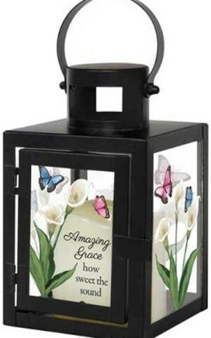 096069576181 Amazing Grace Lantern With LED Candle Butterflies And Flowers