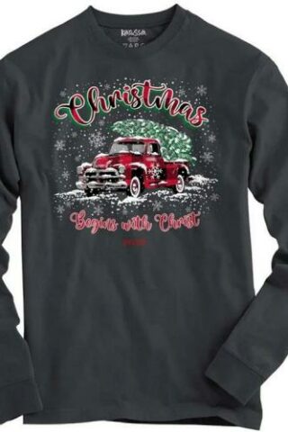 612978635414 Kerusso Christmas Tree Truck Christmas Begins With Christ (Small T-Shirt)