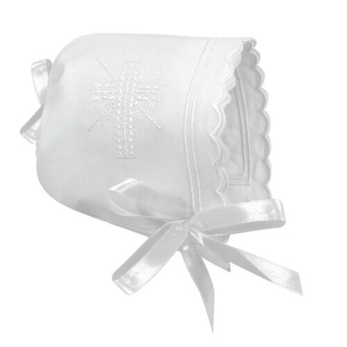 725826402011 Keepsake Cross Embroidered Bonnet Scallop Edge