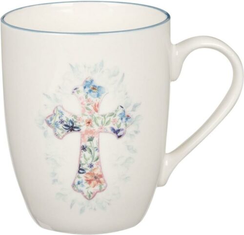 1220000323797 Encouraging Ceramic Coffee & Tea Mug for Women: Pink & Light Blue Floral Cross