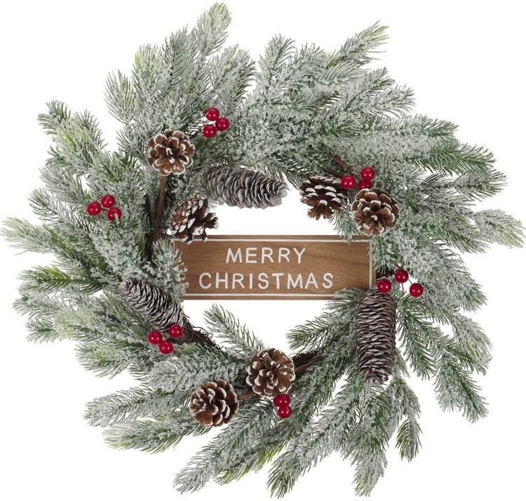 1220000329249 Decorated Evergreen Christmas Wreath with Merry Christmas Greeting