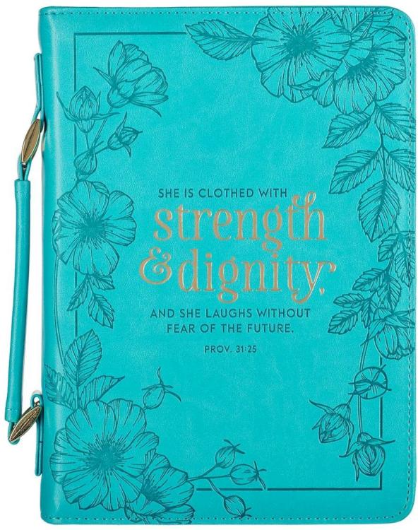 1220000137134 Teal Floral Fashion Bible Cover for Women She is Clothed Strength Dignity Prover
